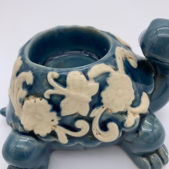 Blue & White Tea Light Ceramic Turtle Candle Or Plant Holder Crackle - Picture 9 of 12